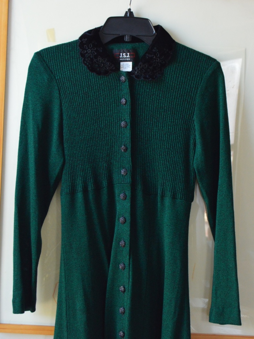 Vintage 80s Acrylic Knit Green Button Down A Line Long Sleeved Dress Size 6